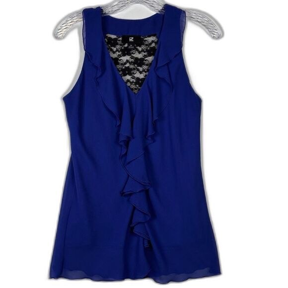 Iz Byer Tops - IZ Byer Royal Blue Ruffle Sleeveless Blouse with Black Lace Back Juniors M